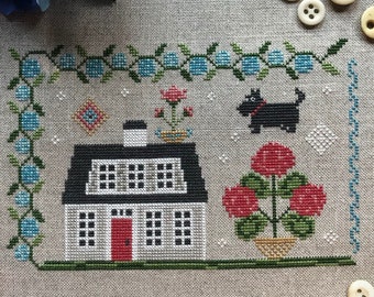 Olde Cape Summer house primitive folk art cross stitch pattern by Acadia Stitchery - PDF digital