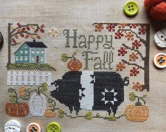 Happy Fall pig in a pumpkin patch primitive folk art cross stitch pattern by Acadia Stitchery
