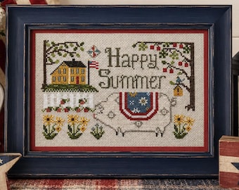 Porquinho feliz de verão em um jardim com casinha de pássaros e flores - padrão de ponto cruz de arte folclórica primitiva da Acadia Stitchery.