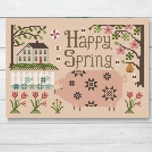 Pode incluir: Padrão de ponto cruz com uma casa rosa com uma cerca branca, um porco com um padrão preto e branco e o texto "Happy Spring".