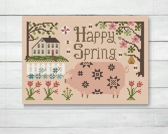 Porquinho feliz da primavera em um jardim com abelhas e flores - padrão de ponto cruz de arte folclórica primitiva da Acadia Stitchery.