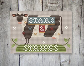 Vaca Patriótica, vaca caprichosa com estrelas e listras e estrelas de patchwork, padrão de ponto cruz de arte folclórica primitiva em PDF da Acadia Stitchery