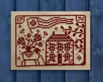 Padrão de ponto cruz em estilo folclórico primitivo, com bordado vermelho patriótico, bandeira, casa e ovelhas, em PDF, da Acadia Stitchery.