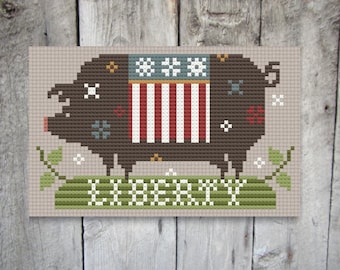 Porco Patriótico, um porco divertido com a bandeira americana e estrelas de patchwork, um padrão de ponto cruz em PDF de arte folclórica primitiva da Acadia Stitchery.