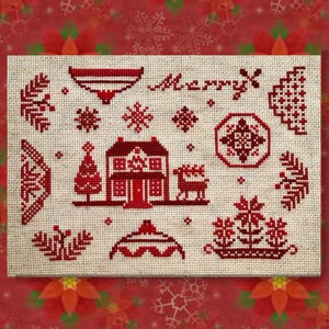 May include: A cross-stitch design featuring a red and white Christmas theme. The design includes a house, snowflakes, a Christmas tree, and the word "Merry". The background is a light beige fabric.