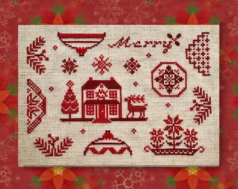 Natal em Redwork, bordado quaker vermelho com ornamento, casa, veado e vaso de flores, padrão de ponto cruz de arte folclórica primitiva da Acadia Stitchery.