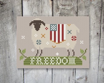 Ovelha Patriótica, ovelha caprichosa com bandeira americana e estrelas de patchwork, padrão de ponto cruz de arte folclórica primitiva em PDF da Acadia Stitchery