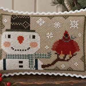 Frosty and Friend, cute vintage style snowman, black hat, scarf and cardinal primitive folk art cross stitch pattern PDF by Acadia Stitchery