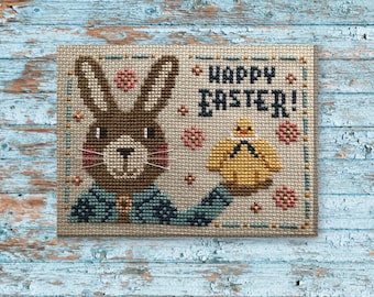 Peter e Pal - padrão de ponto cruz em estilo vintage com um coelho, casaco acolchoado e um pintinho - arte folclórica primitiva - PDF da Acadia Stitchery.