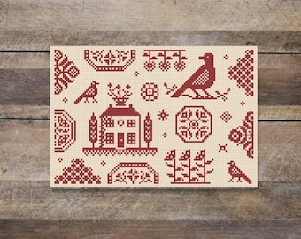 Padrão de ponto cruz de arte popular primitiva com pássaros Quaker, motivos Quaker vermelhos, pássaros, casa e flores por Acadia Stitchery