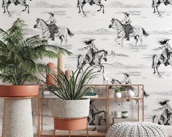 Cowgirl Wallpaper in Black & White, Removable Peel and Stick