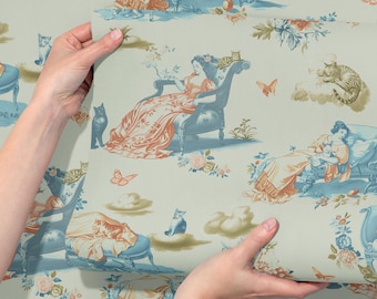 May include: A vintage wallpaper design featuring a repeating pattern of women in dresses sitting in chairs, surrounded by flowers, butterflies, and cats. The wallpaper is printed on a light blue background.