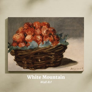 May include: A painting of a basket filled with red strawberries. The basket is made of woven brown twigs and is sitting on a white surface.