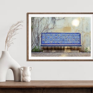 Blue tile bench print, Retro printable art, Royal Alcázar of Seville digital print, Home decor, Wall decor, Rustic printable wall art