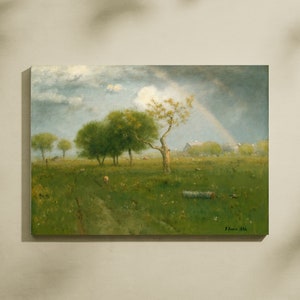 Vintage landschap olieverfschilderij digitaal, lente zomer Rainbow Cottage afdrukbare kunst, rustieke land print, boerderij groen landschap muur decor
