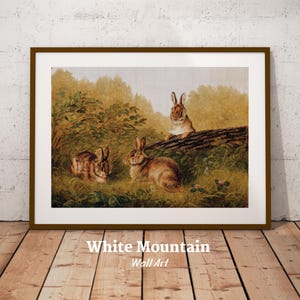 Vintage Rabbits Spring Oil Painting Printable Wall Art, Antique Easter Bunny Print Digital Download, Cozy Animal Cottagecore Decor
