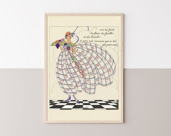 May include: A vintage illustration of a woman in a white and blue checkered dress holding a tray of fruit. The text in the image reads "voici des fruits des fleurs des feuilles et des branches el puis voici meneexur qui ne but que pour vous".