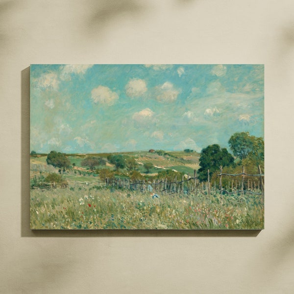 Vintage French Meadow Oil Painting Digital Download, Country Cottage Printable Home Decor, Retro Spring Summer Landscape Farmhouse Wall Art