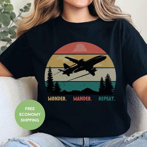 Travel Adventure T-shirt for Travel Lover Wonder Wander Repeat Airplane Shirt for World Traveler Gift for Adventurer Wanderlust Flight Tee