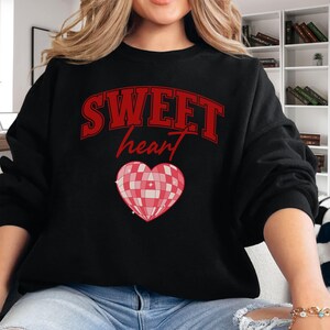 Valentine&#39;s Day Sweet Heart Sweatshirt, Heart Disco Ball Top, Gift for Her, Romantic Valentine Shirt, Love Apparel, Valentine Day Vibe Shirt
