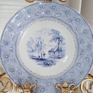 Rare Early Staffordshire Longport by T.J & J. Mayer Light Blue Garden Scenery Dinner Plates w/Scalloped Rim 9 3/4&quot; Made 1843-1855 Beautiful