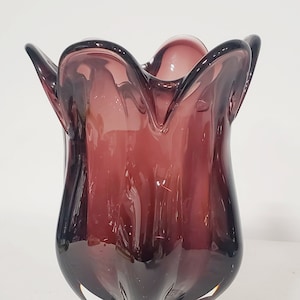 Mid-Century Josef Hospodka Tulip Deep Amethyst/Burgundy Glass Vase w/clear base | Chribska Heavy Handblown Art Glass 9.5&quot; | Great Condition