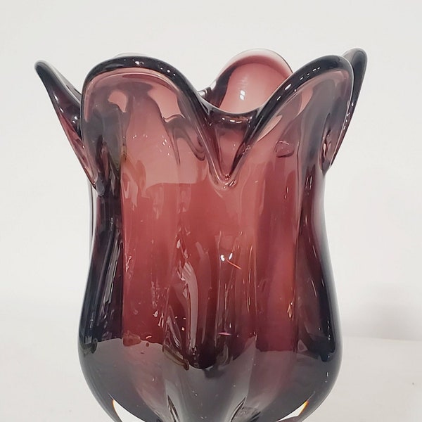 Mid-Century Josef Hospodka Tulip Deep Amethyst/Burgundy Glass Vase w/clear base | Chribska Heavy Handblown Art Glass 9.5" | Great Condition