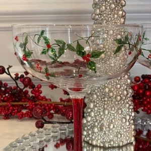 Christmas Candy Cane Martini Glass - Hand Painted - Seasonal, Snow, Holly  Berries - Cocktail Glass
