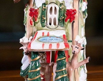 Blue Sky Reindeerville Comet and Vixen&#39;s Cozy Village Hotel Candle House | Christmas Wreath, Awning & Two Very Cute Reindeer Greeting Guests