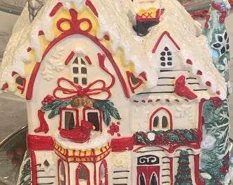 Blue Sky Snowy Victorian Christmas House | Glittery Snow Roof, trimmed w/Ribbons, Greenery & Cardinals | Christmas Luminary | Holiday Gift