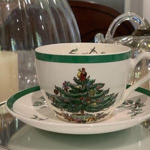 One Vintage Spode Christmas Tree Flat Teacup & Saucer Set | Matching both marked S3324 no other letter from 1960's | Excellent | Replacement