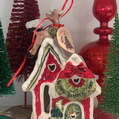 Blue Sky Poinsettia Red Reinderville Christmas House ~ Cute and