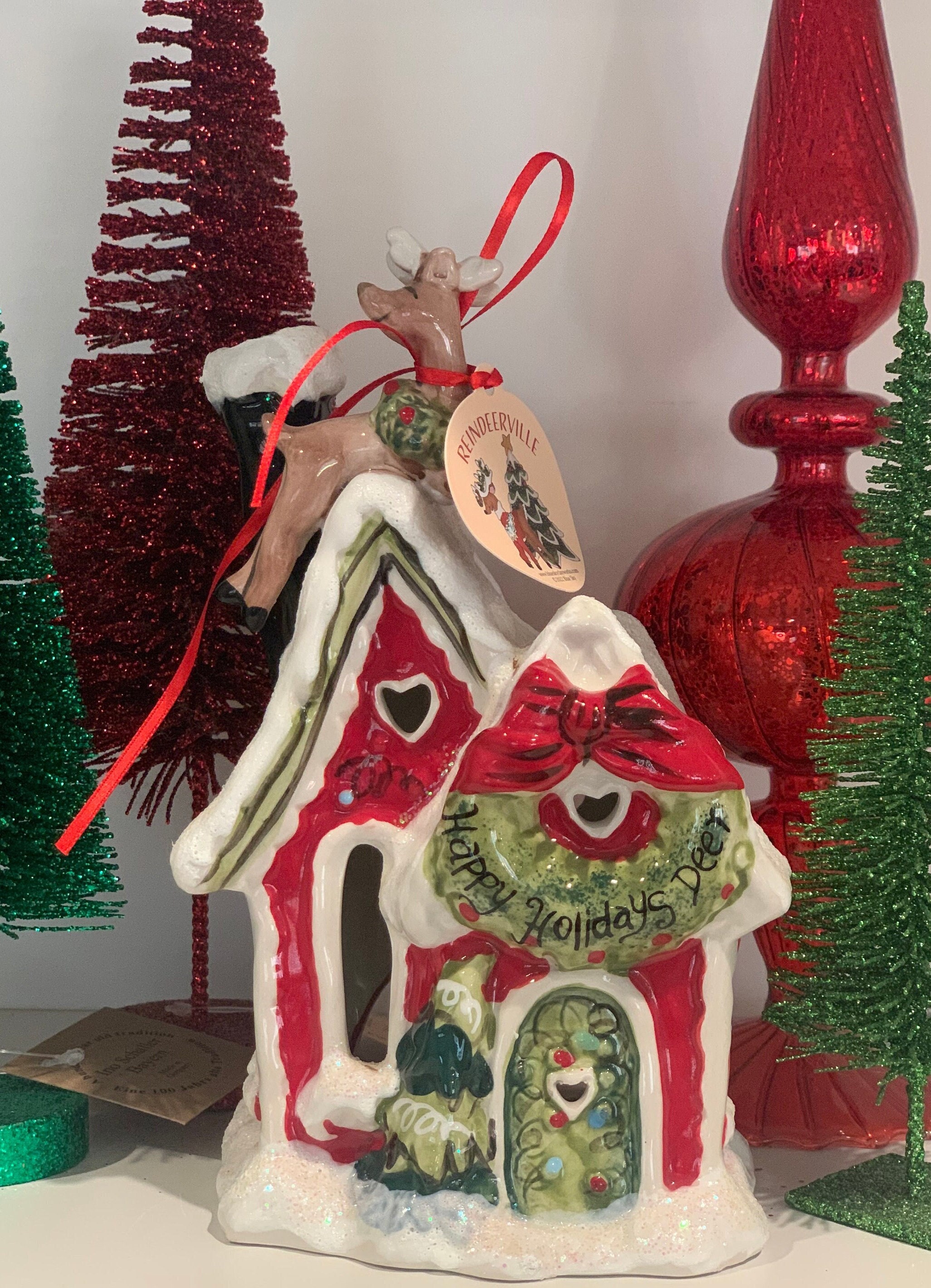 Blue Sky Clayworks 628204 Happy Holiday Deer Candle House, 7.3 Pulgadas De Altura