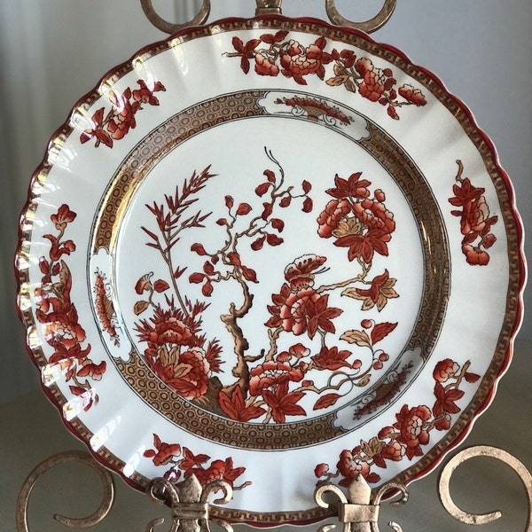 Copeland Spode India Tree Old Backstamp Dinner Plates 10 3/8" with orange/rust scalloped edge; Hard to Find Vintage Replacement Plates