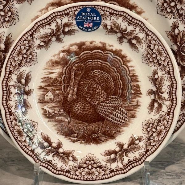 Set of 4 Royal Stafford Woodland Turkey Scene 8.25” Salad-Dessert Plates| Victorian English Pottery | Traditional Thanksgiving | Replacement