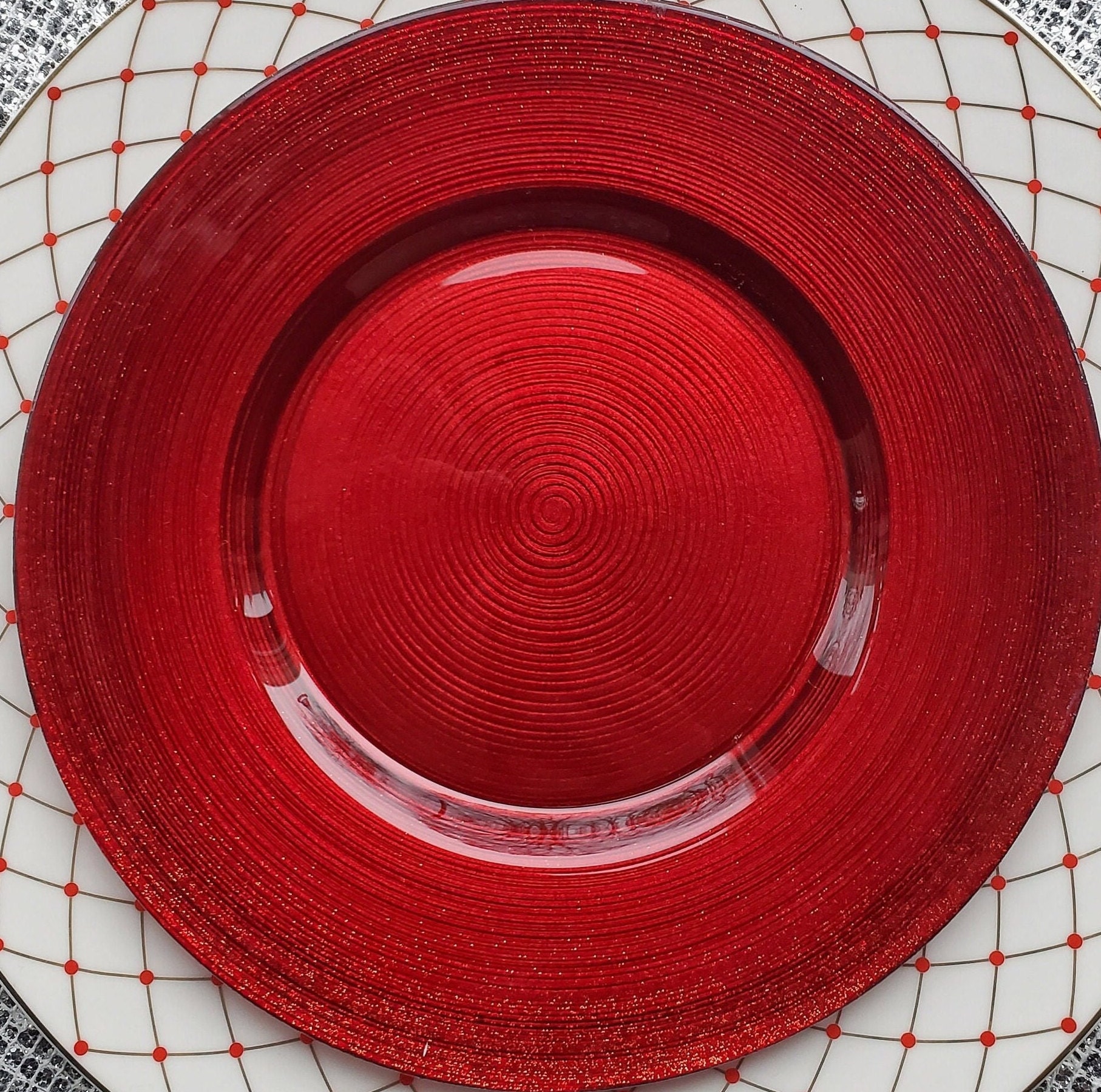 Last Set of 4 Elegant Ruby Red 8 1/4" Wide Rim Salad, Luncheon or Dessert Plate | Red Ruby Painted on underside w/shimmering swirl pattern