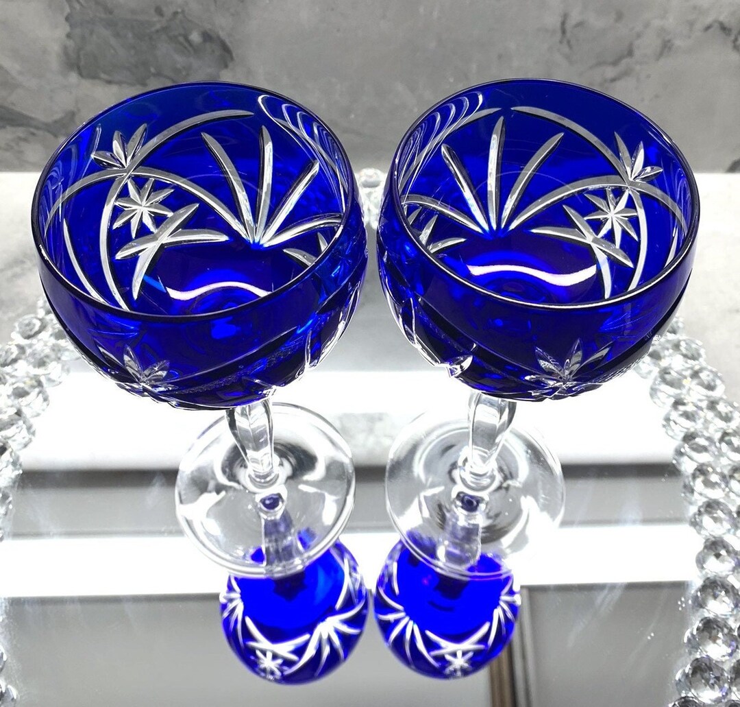 Cobalt Blue Cut to Clear Crystal 7 3/4 Wine Glasses Etsy