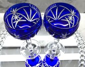 Cobalt Blue Cut to Clear Crystal 7 3 4 quot Wine Glasses Vintage Bohemian Glass Enchanting Glasses Sparkle and Appear Brand New Cheers