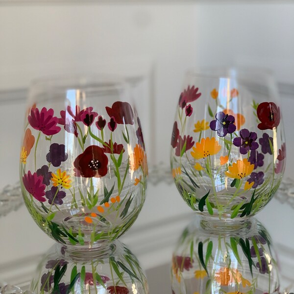 Set of 2 Crystal Set of 2 Stemless Floral Wine Glass/Water Glasses | Painted Flowers in vibrant colors | Easter Spring Summer Barware