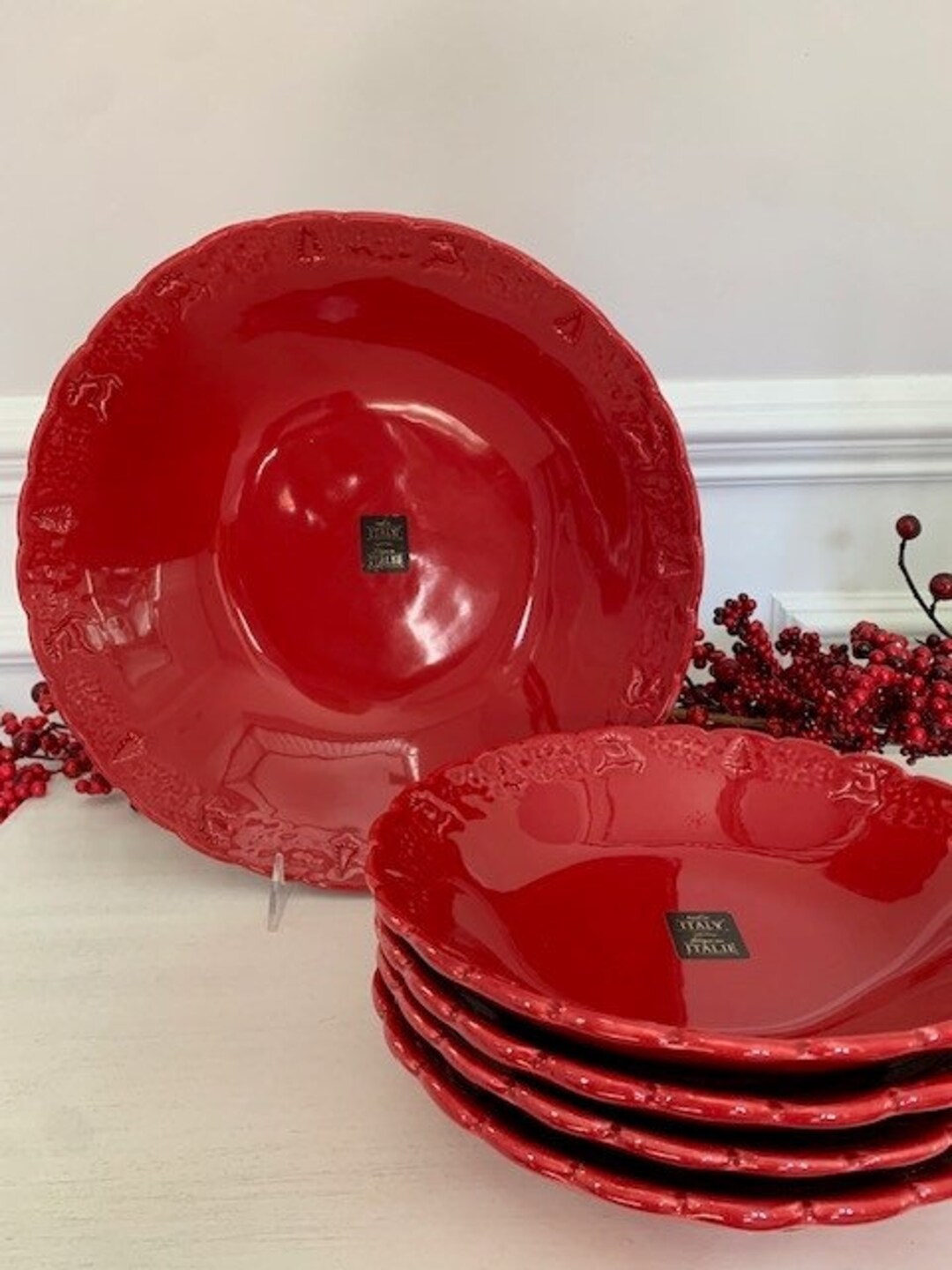 Red Christmas Pasta Serving Bowl or Individual Pasta Bowl Set Made in Italy Scallop Edge W