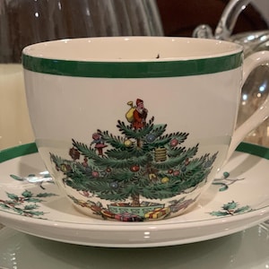 One Vintage Spode Christmas Tree Flat Teacup & Saucer Set | Matching both marked S3324 T | Excellent Condition | Replacement