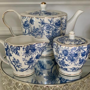 Blue and White Floral Lidded Teapot and/or Sugar & Cream Set | Blue Floral Design with Gold Trim | By Grace Teaware | Beautiful Gift