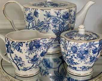 Blue and White Floral Lidded Teapot and/or Sugar & Cream Set | Blue Floral Design with Gold Trim | By Grace Teaware | Beautiful Gift