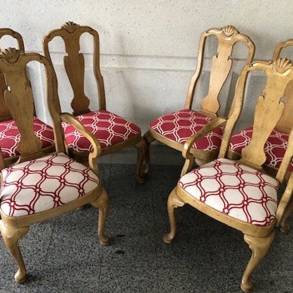 Vintage French country Set of 6 Newly Re-Upholstered Dining Chairs by Francese | Distressed Finish | French Country | Made in Canada