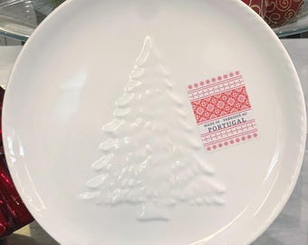 Set of 4 White Christmas Tree Salad/Dessert Plates with Embossed Tree in Center | Hand Crafted/Painted in Portugal | Holiday Entertaining