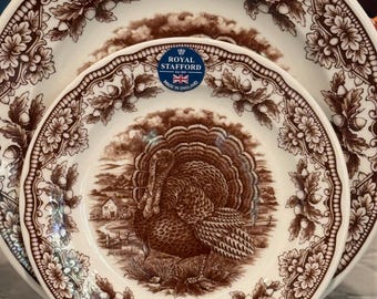 Set of 4 Royal Stafford Woodland Turkey Scene 11” Dinner Plates | Victorian English Pottery | Traditional Thanksgiving | Replacement