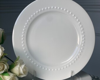 Set of 4 Elegant China Salad/Dessert/Cake Plates with Beading and Flat Rim 8.25" | Elegant Classic Design | Bridal White | Wedding Plates