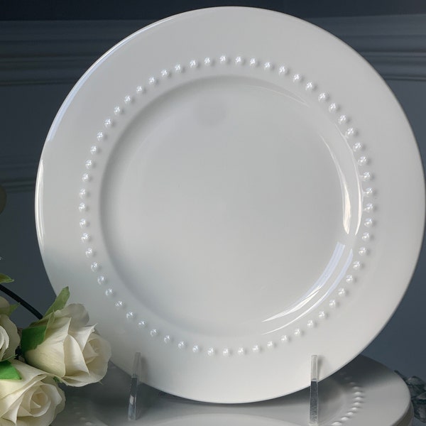 Set of 4 White Bone China Salad/Dessert/Cake Plates with Beaded Bowl, Flat Rim 8.25" | Elegant Classic Design | Easter - Bridal Plate