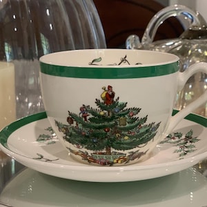 One Vintage Spode Christmas Tree Flat Teacup & Saucer Set | Matching both marked S3324 Q | Excellent Condition | Replacement