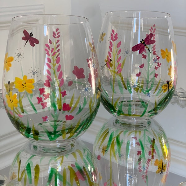 Set of 2 Summer Floral Stemless Wine Glasses or Water Glass 5” | Clear w/Painted Flowers and Dragon Flies  | Spring Summer Barware